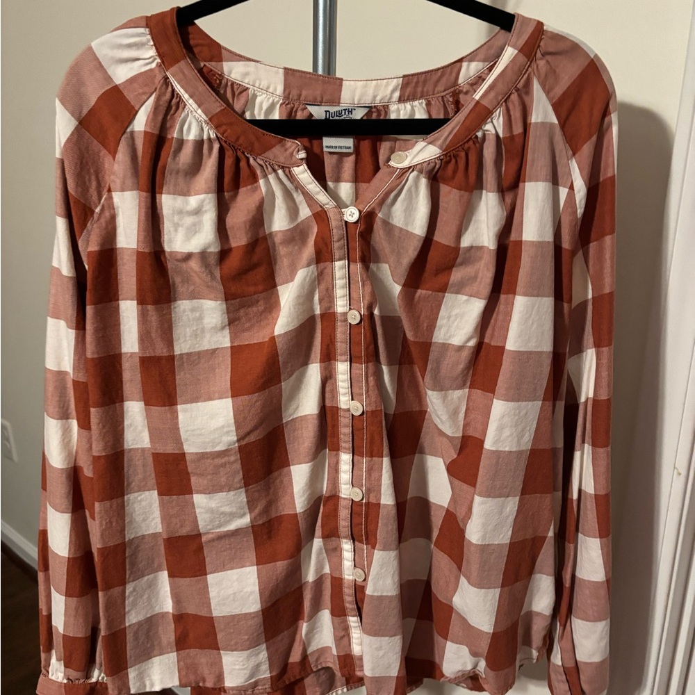 Duluth Trading Co Brown & White Checkered Long Sleeve Relaxed Shirt